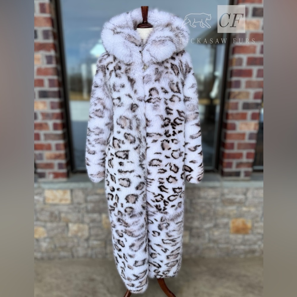 48 Unisex Floor Length Snow Leopard Dyed Fox Fur Coat Real FOX Fur - Picture 2 of 14